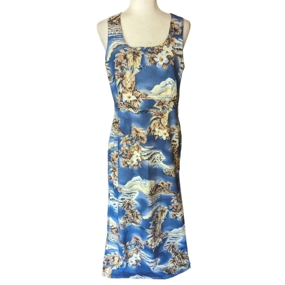 Hilo Hattie's Dress Hawaiian palm print sleeveless cotton blend Blue maxi Sz 12 - Picture 9 of 10